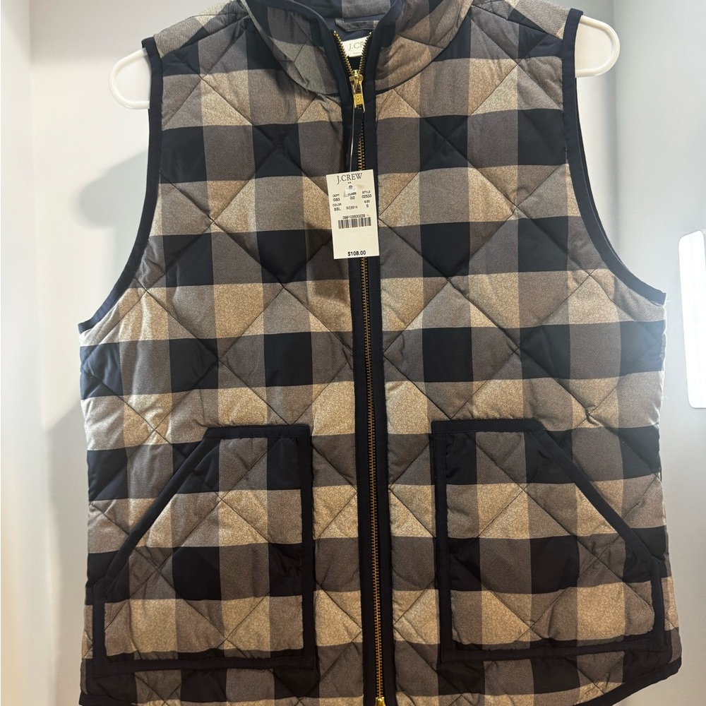J. Crew Black and Tan Plaid Quilted Vest
